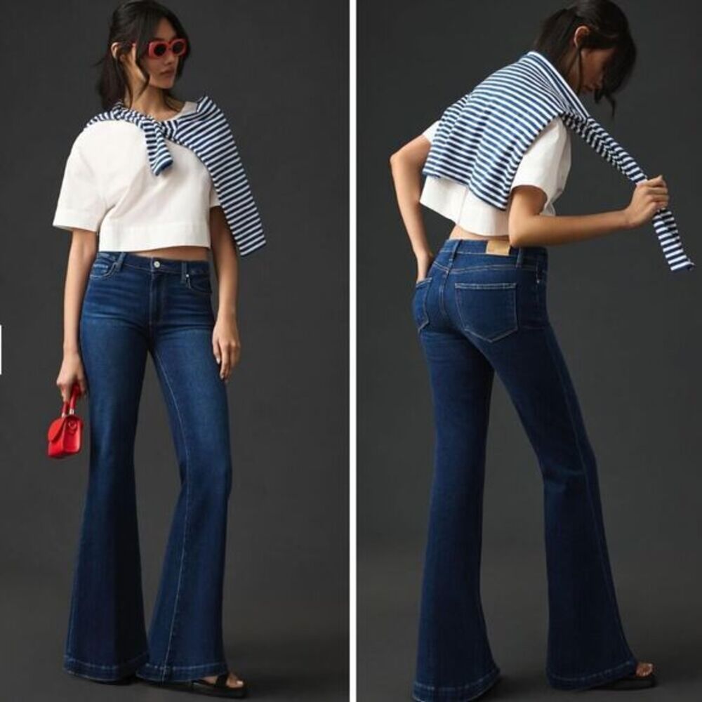 New! Paige Anthropologie Genevieve High-Rise Flare Jeans BEAMING MOON DISTRESSED